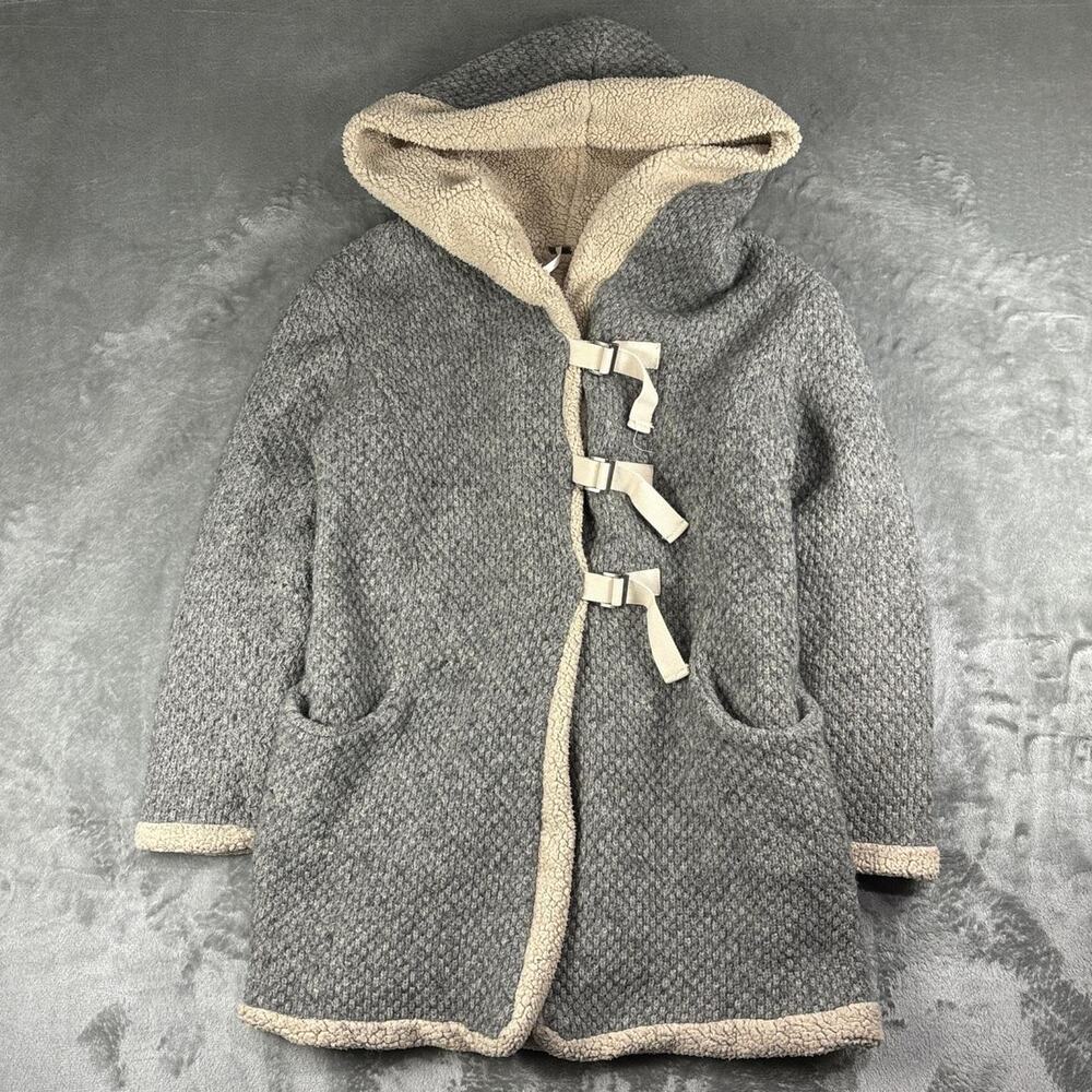 Free People Cozy Up Grey Knit Hooded Toggle Coat Sherpa Lined Comfy Cardigan